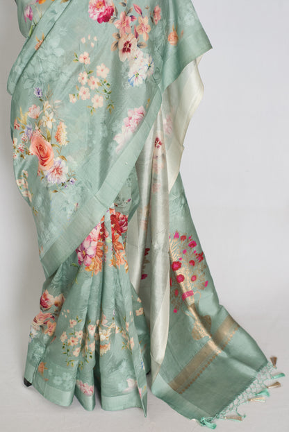Soma : Sea Green Floral Banarasi Katan Silk Saree with 40 Size Stitched Blouse image 6