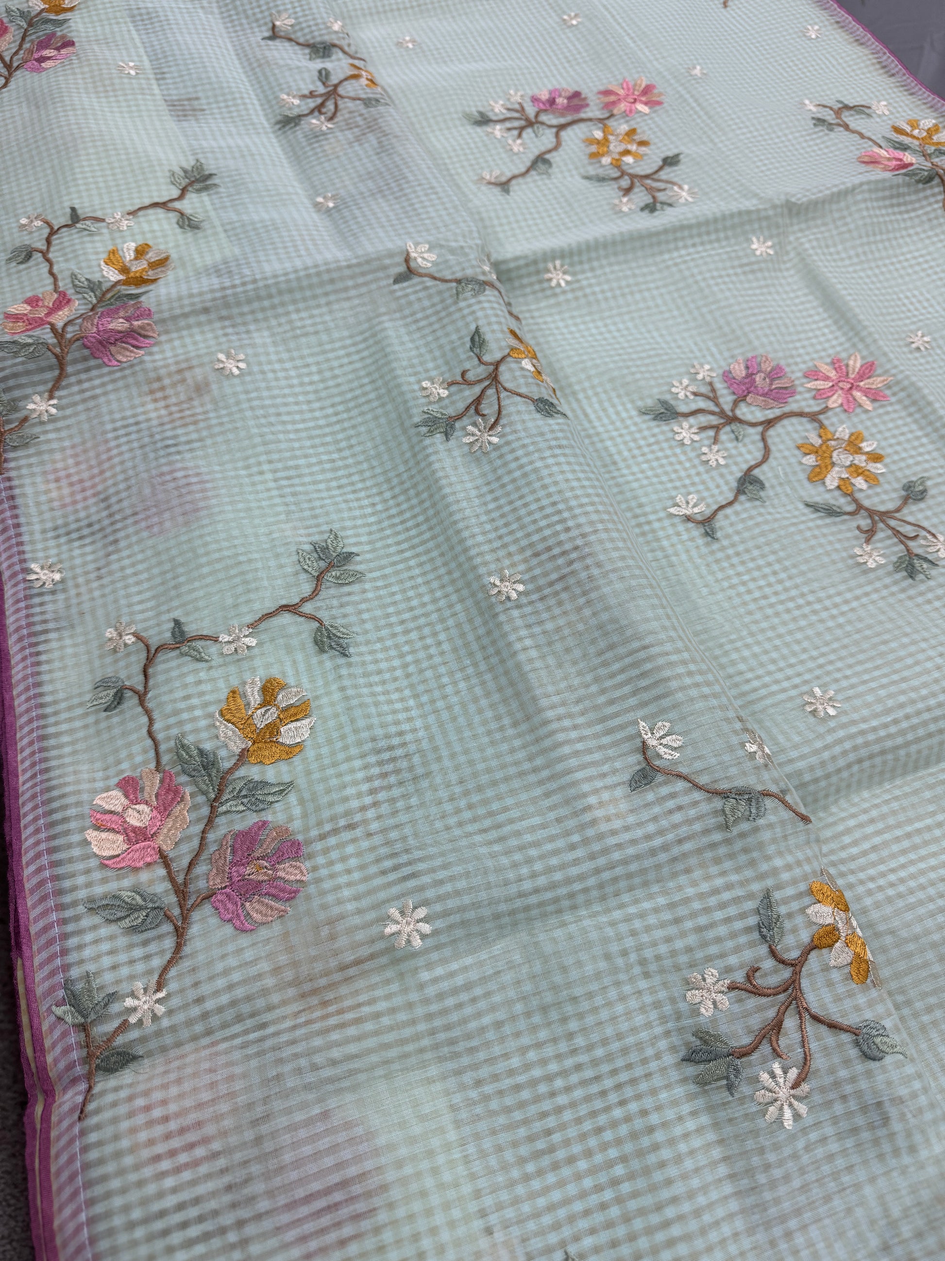 Damini | Sea Green Floral Embroidery Blended Cotton Kota Saree image 0