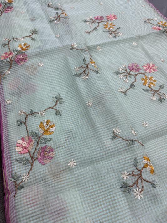 Damini | Sea Green Floral Embroidery Blended Cotton Kota Saree image 0