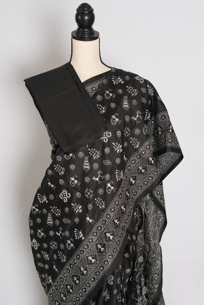 Kriti : Black Pure Silk Hand-Embroidered Kantha Stitch Saree with Warli Designi image 2