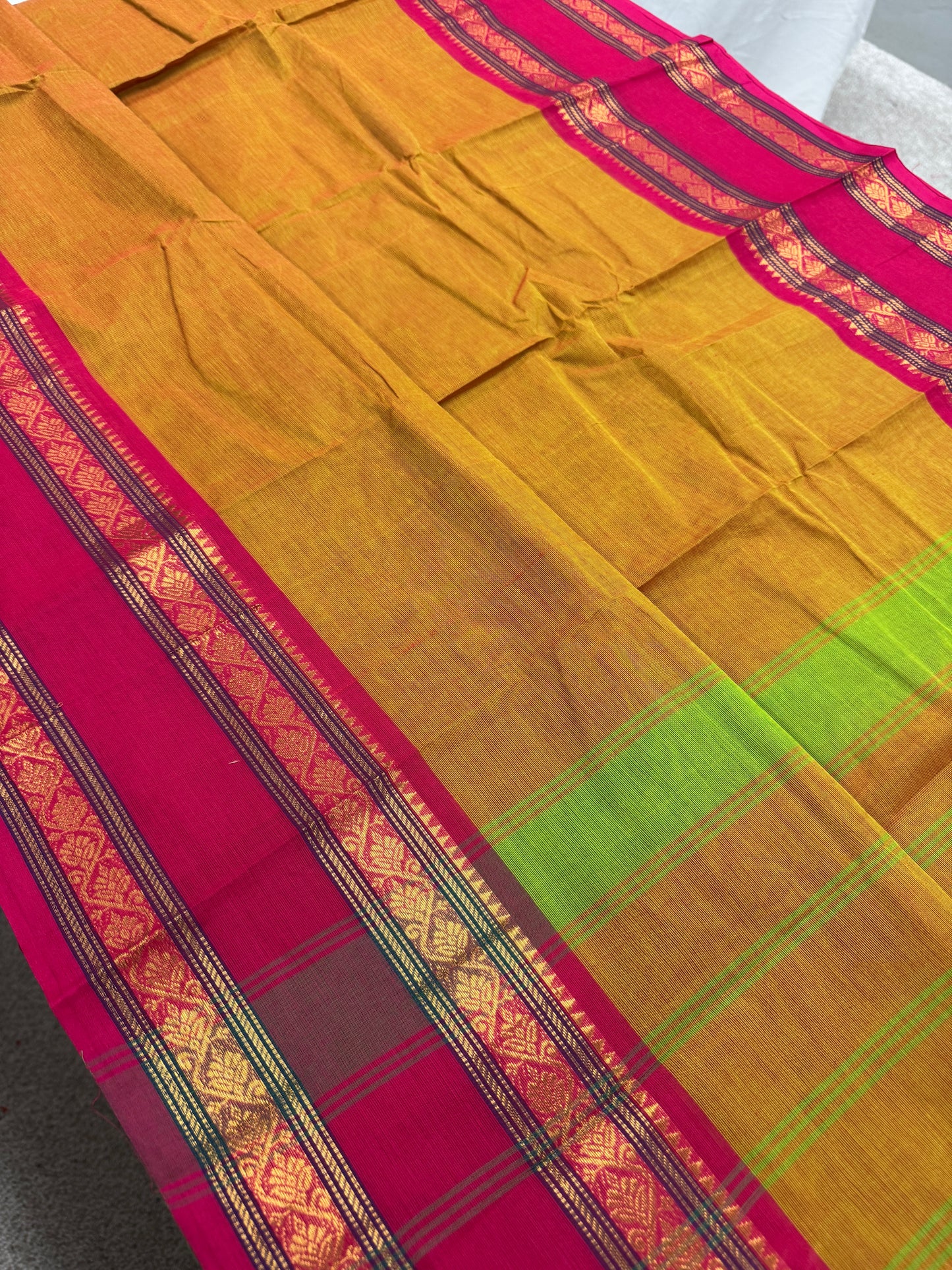 Vrinda : Handwoven Kanchi Cotton Saree in Orangish Yellow with Rani Pink image 0