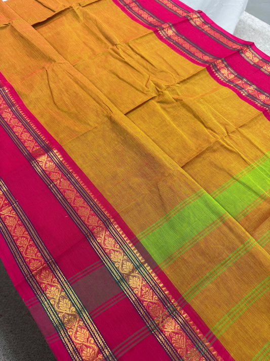 Vrinda : Handwoven Kanchi Cotton Saree in Orangish Yellow with Rani Pink image 0