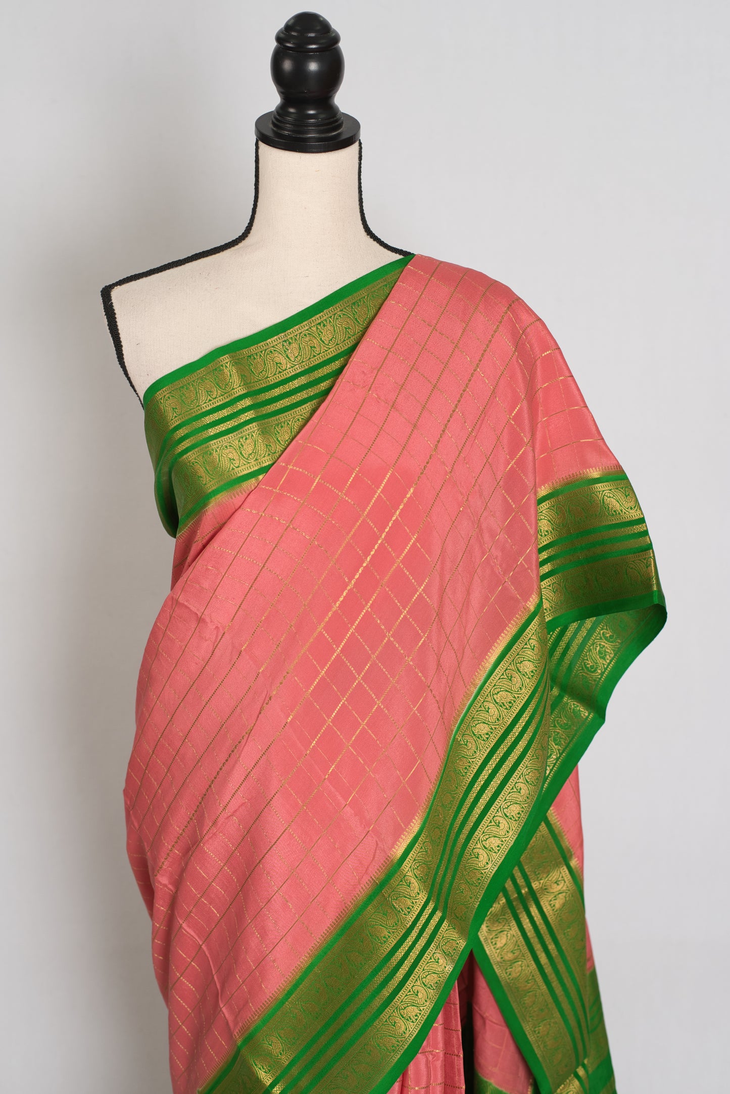 Padmini : Peach & Green Premium Mysore Silk Saree | Silk Mark Certified image 5