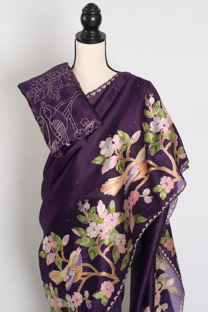 Subha : Embroidery Designer Organza Saree in Purple image 2