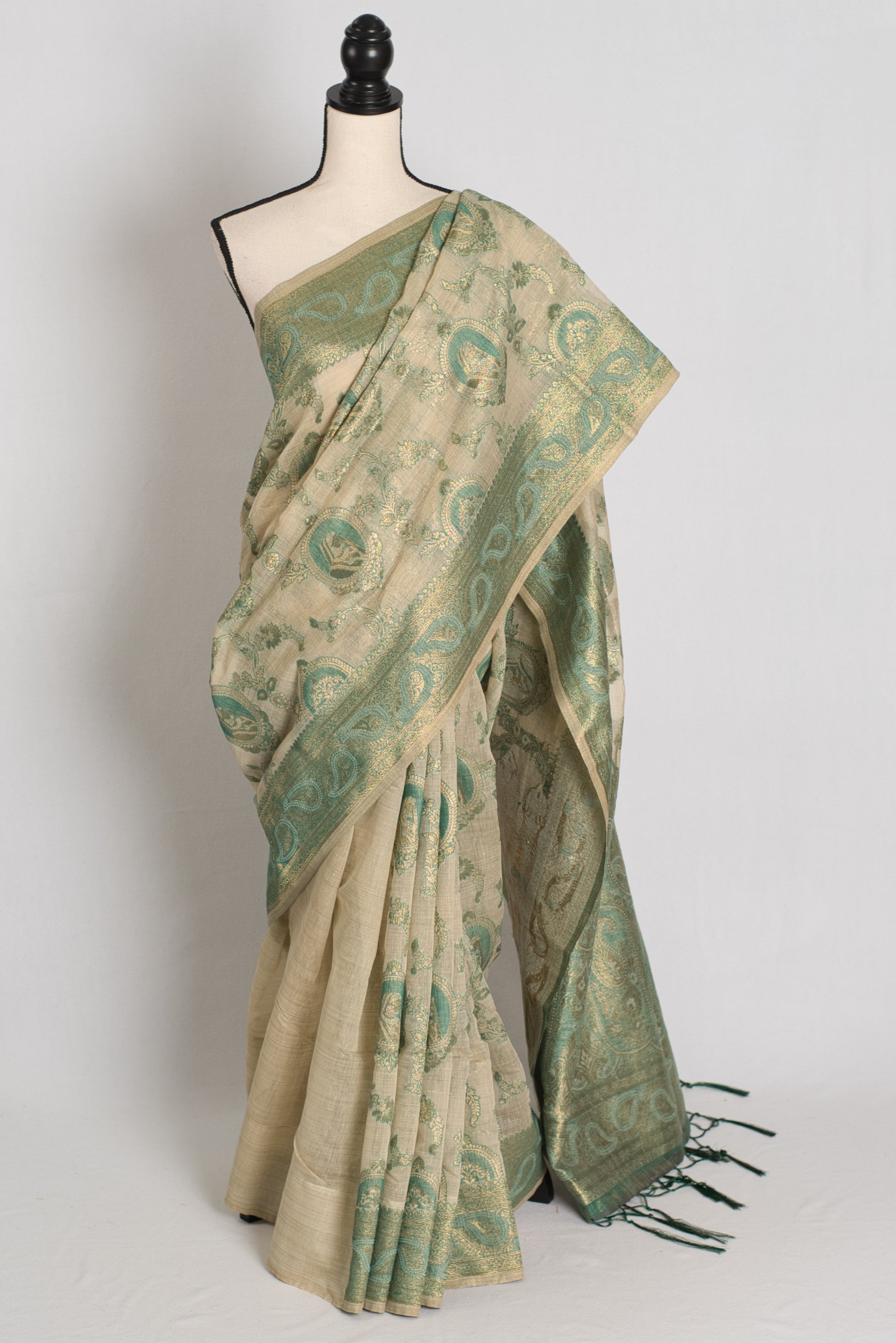 Vandana : Budget Friendly Blended Cotton Banarasi Saree in Beige and Green image 0