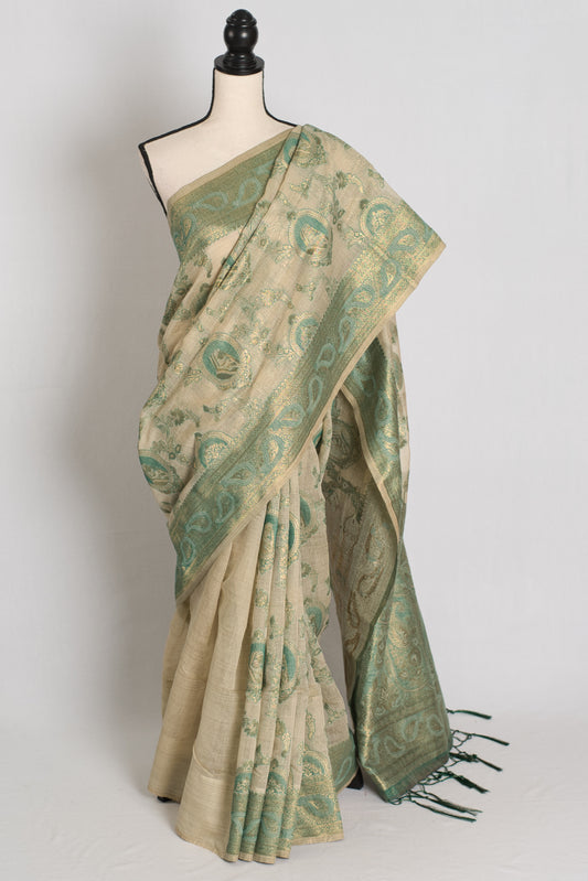 Vandana : Budget Friendly Blended Cotton Banarasi Saree in Beige and Green image 0