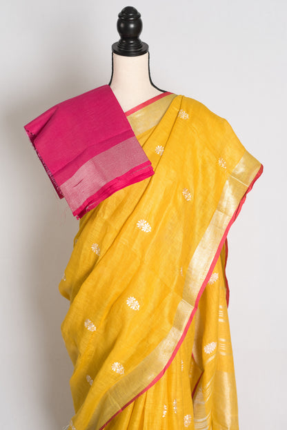 Diya : Yellow Machine Embroidered Pure Linen Saree with Silver Zari Border image 2