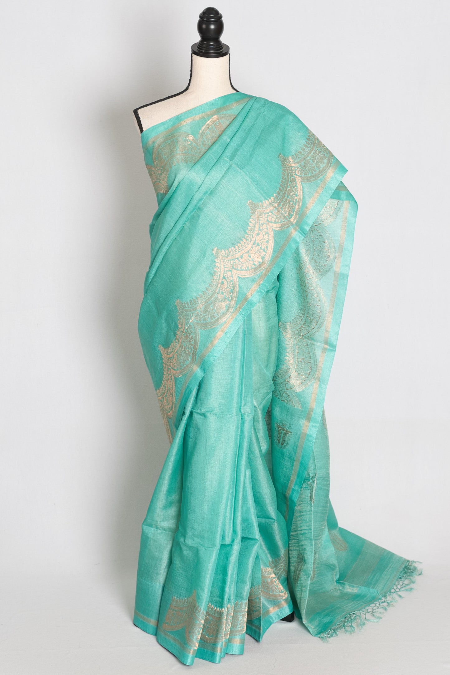 Mani : Sea Green & Gold Bengal Tussar Silk Saree with 36 Size Stitched Blouse image 0