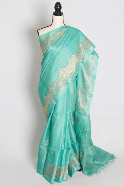 Mani : Sea Green & Gold Bengal Tussar Silk Saree with 36 Size Stitched Blouse image 0