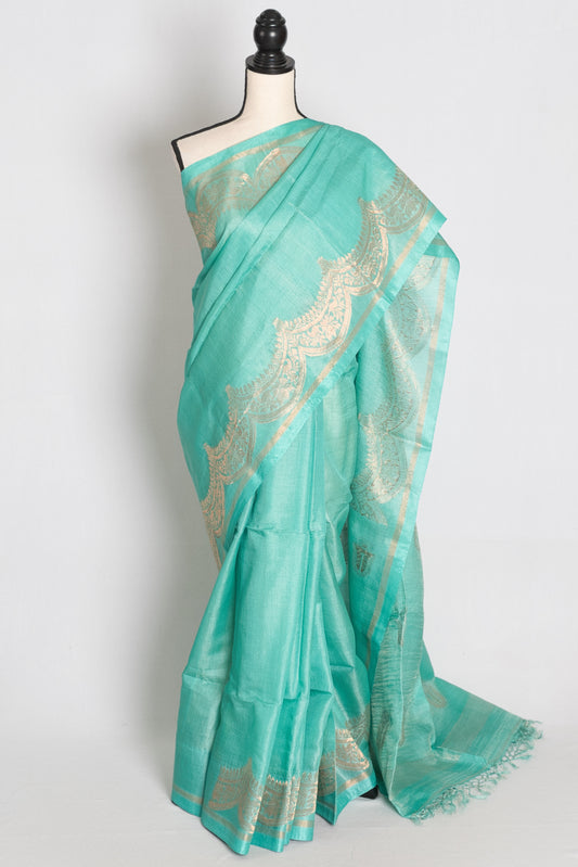 Mani : Sea Green & Gold Bengal Tussar Silk Saree with 36 Size Stitched Blouse image 0