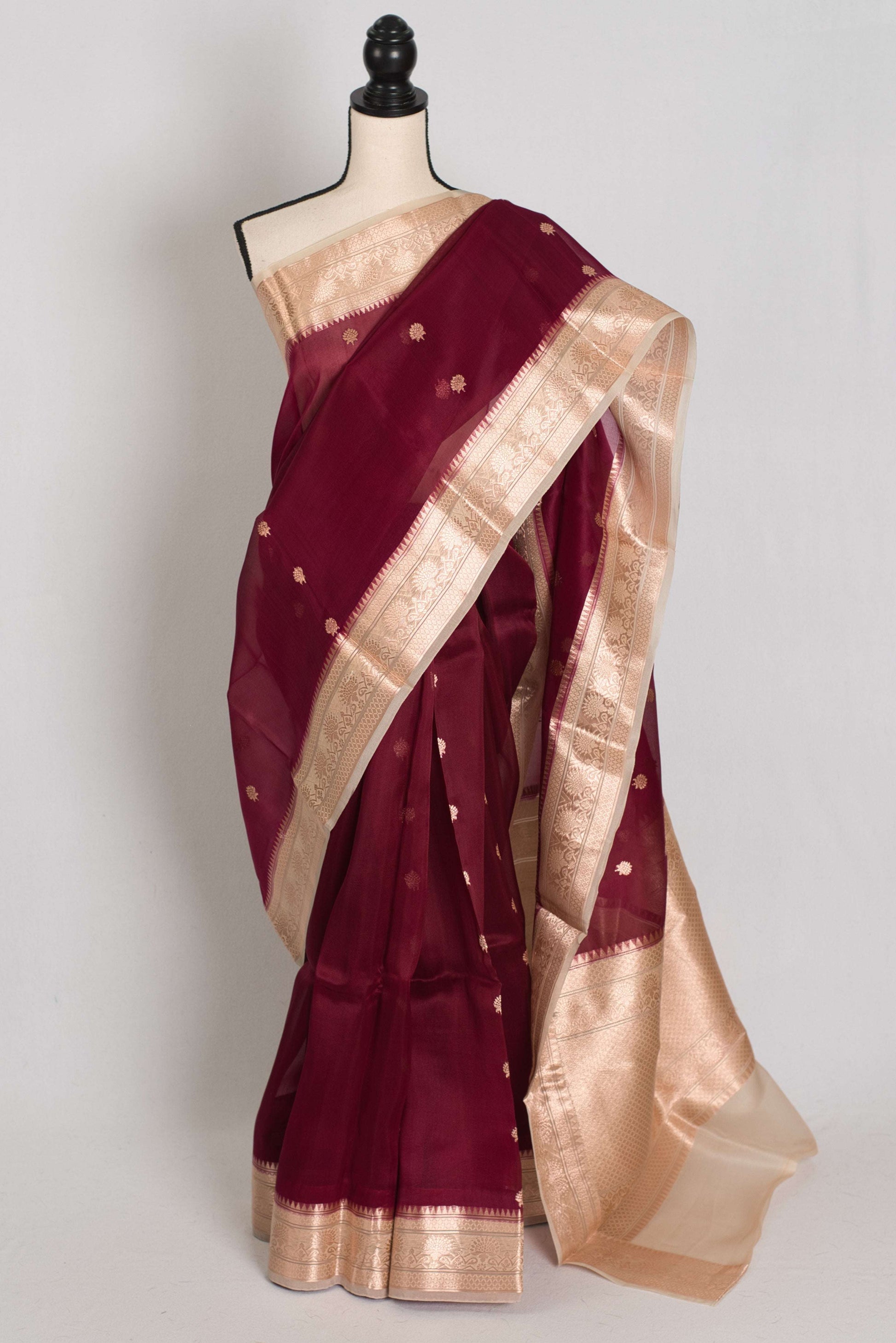 Anuya : Silk Mark Certified Wine and Beige Organza Banarasi Saree image 0