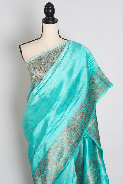 Gemini : Sky Blue Ombre Pure Raw Silk Handwoven Banarasi Saree image 6