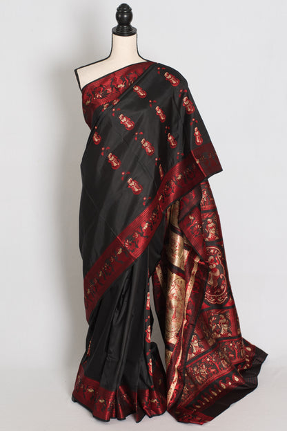 Koli | Midnight Black and Crimson Red Handwoven Baluchari Silk Saree image 0