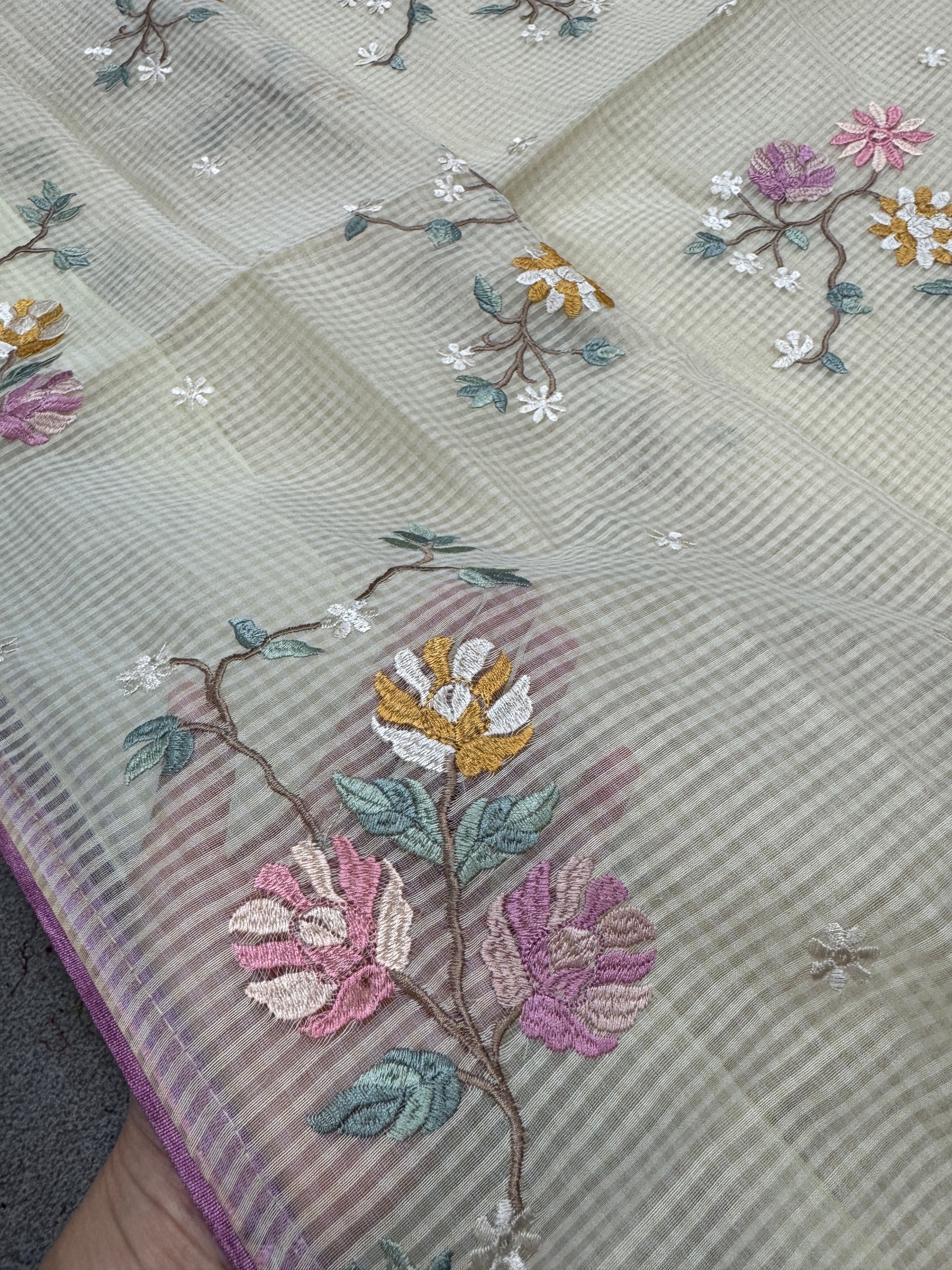 Srija | Yellow Floral Embroidery Blended Cotton Kota Saree image 5