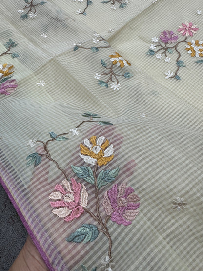 Srija | Yellow Floral Embroidery Blended Cotton Kota Saree image 5