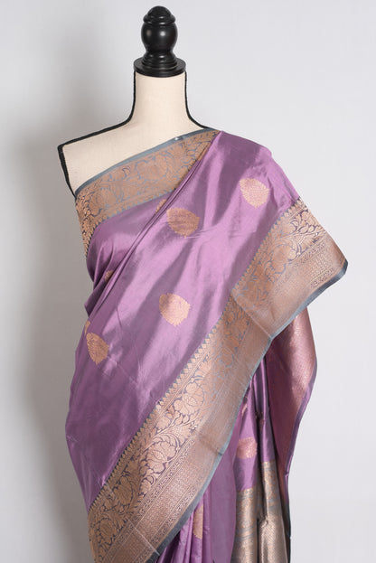 Urmi: Lilac and Gray Banarasi Silk Saree with Blouse Piece image 5