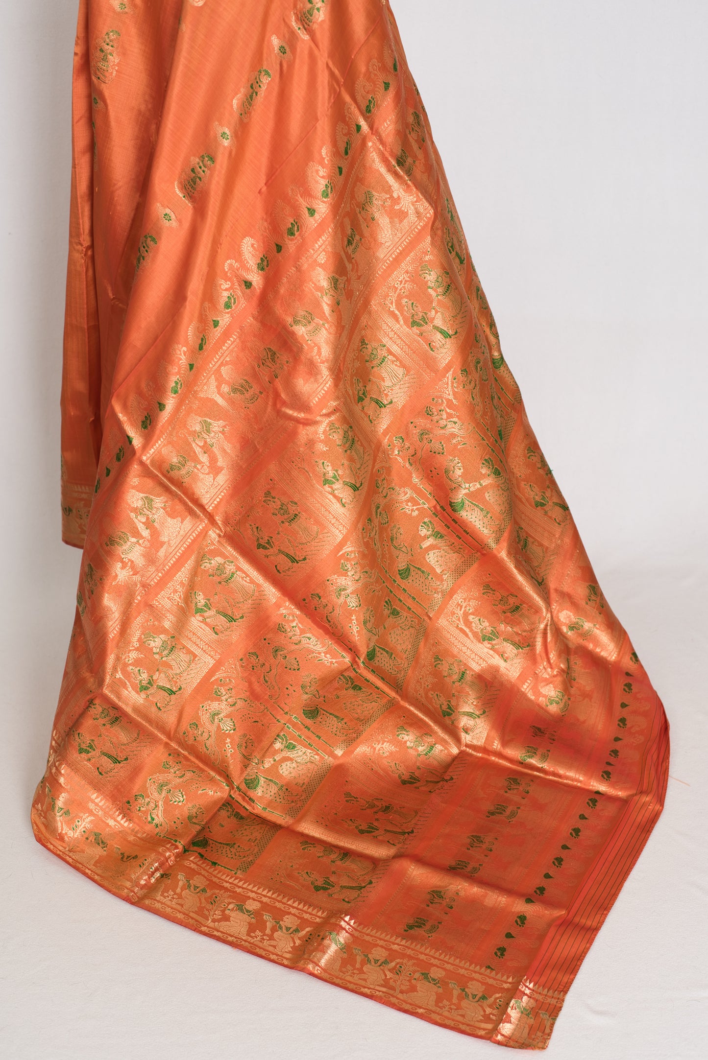 Gauri | Orange and Green Handwoven Bishnupuri Minakari Swarnachari Silk Saree image 3
