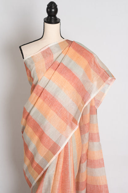 Priya : Pastel Orange and Powder Blue Lateral Striped Pure Linen Saree image 5