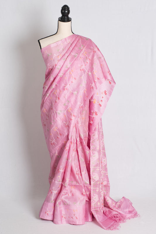 Ranjana : Bengal Tussar Silk Jamdani Saree in Pink image 0