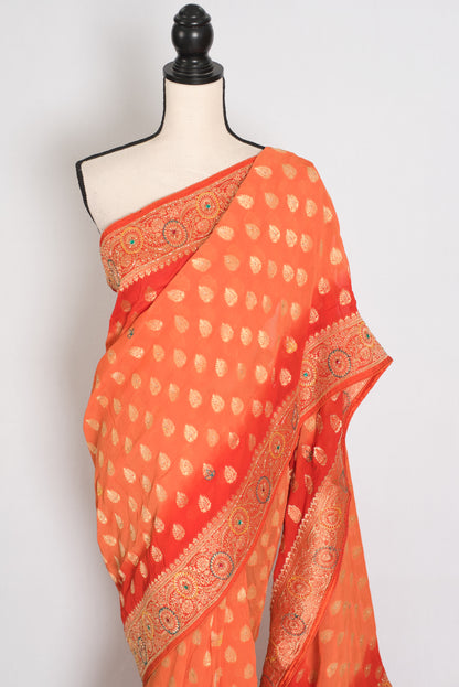 Anisha | Orange Semi Khaddi Georgette Banarasi Saree | Embroidery Work image 6