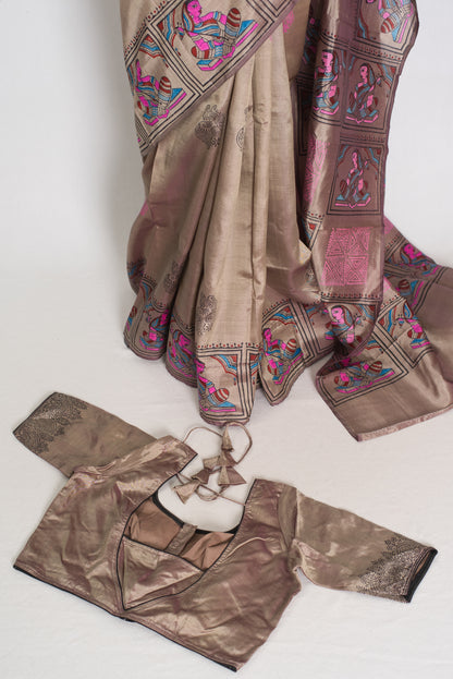 Ria | Ash Brown Hand Block Printed Bishnupur Silk Saree | 40 Size Blouse image 2