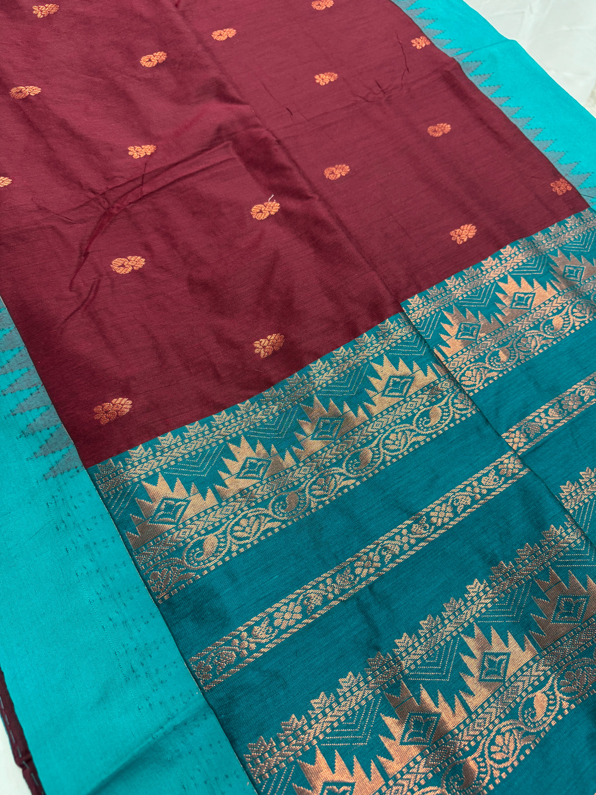 Pritha: Dark Brown and Sea Green Blended Cotton Gadwal Saree. image 0