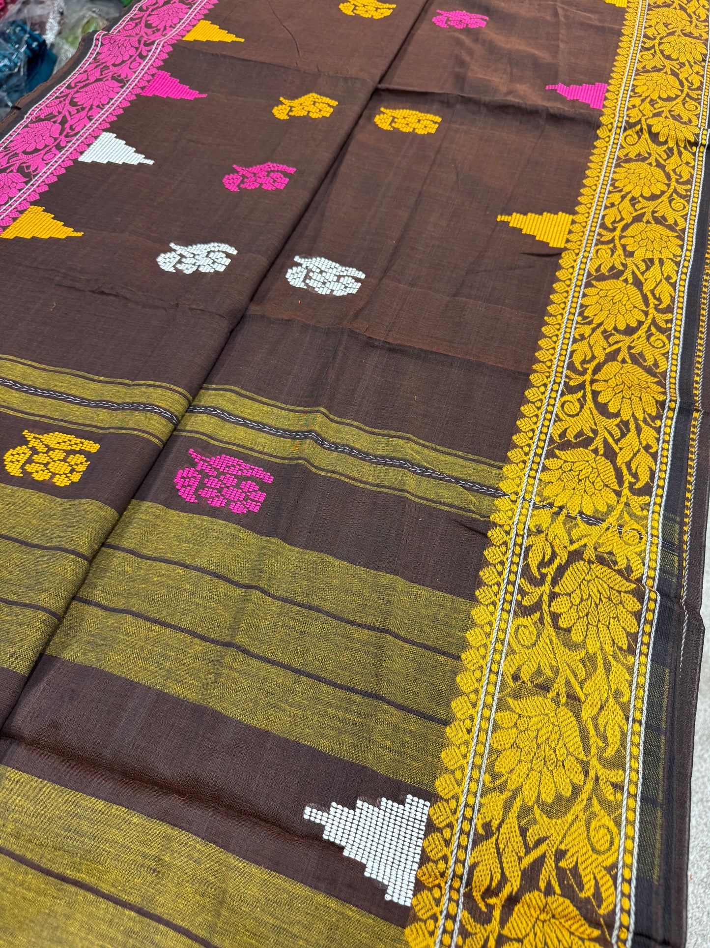 Mridula: Brown Dhaniakhali Classic Bengali Cotton Saree with Ganga Jamuna Border image 3