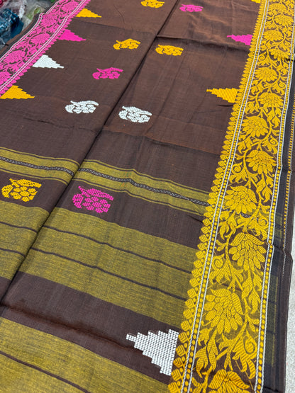 Mridula: Brown Dhaniakhali Classic Bengali Cotton Saree with Ganga Jamuna Border image 3
