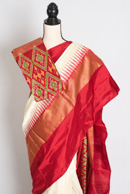 Dyuti : Silk Mark Certified Double Weaving Patola Ikkat Saree in Cream and Red image 2