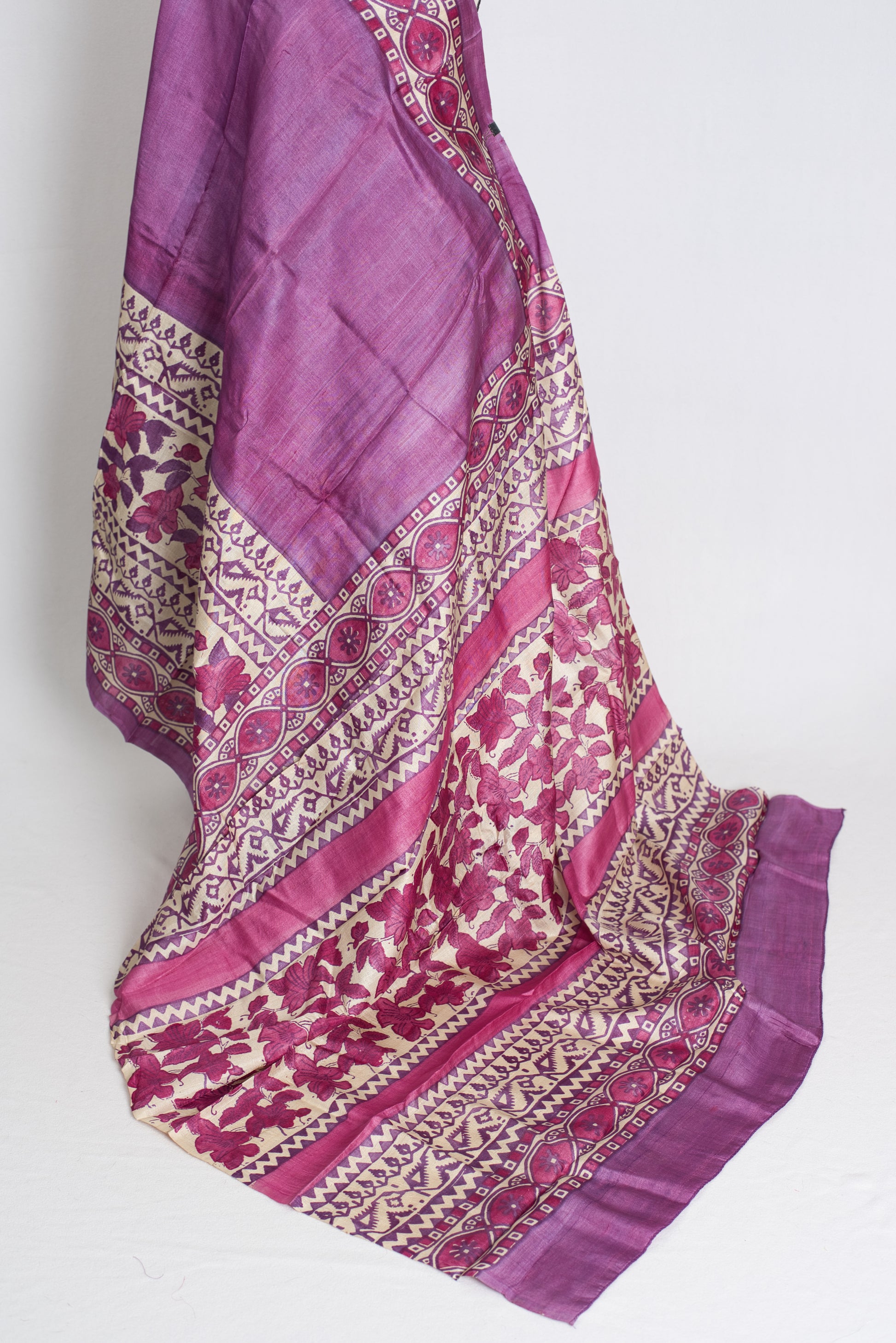 Girija : Premium Quality Hand Block Printed Lavender Tussar Silk Saree image 3