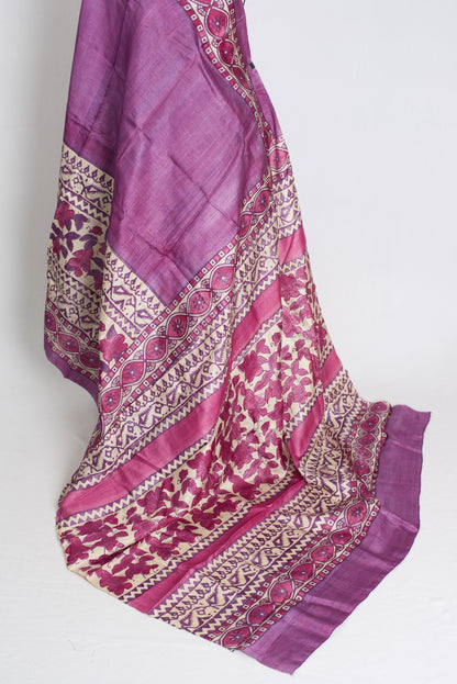 Girija : Premium Quality Hand Block Printed Lavender Tussar Silk Saree image 3