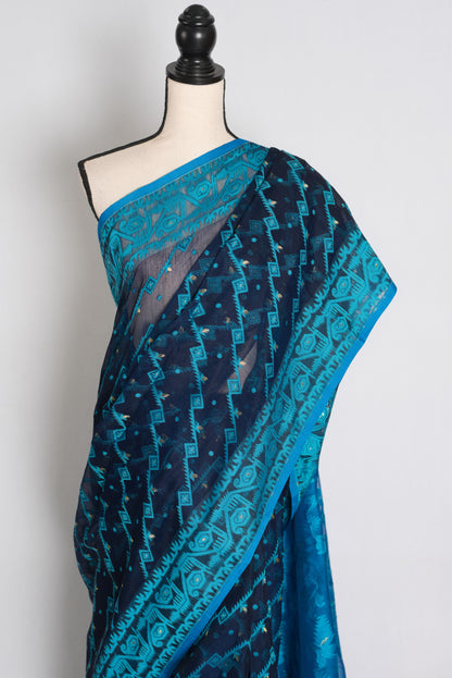 Neelam : Navy Blue and Turquoise Soft Blended Cotton Jamdani Saree image 2