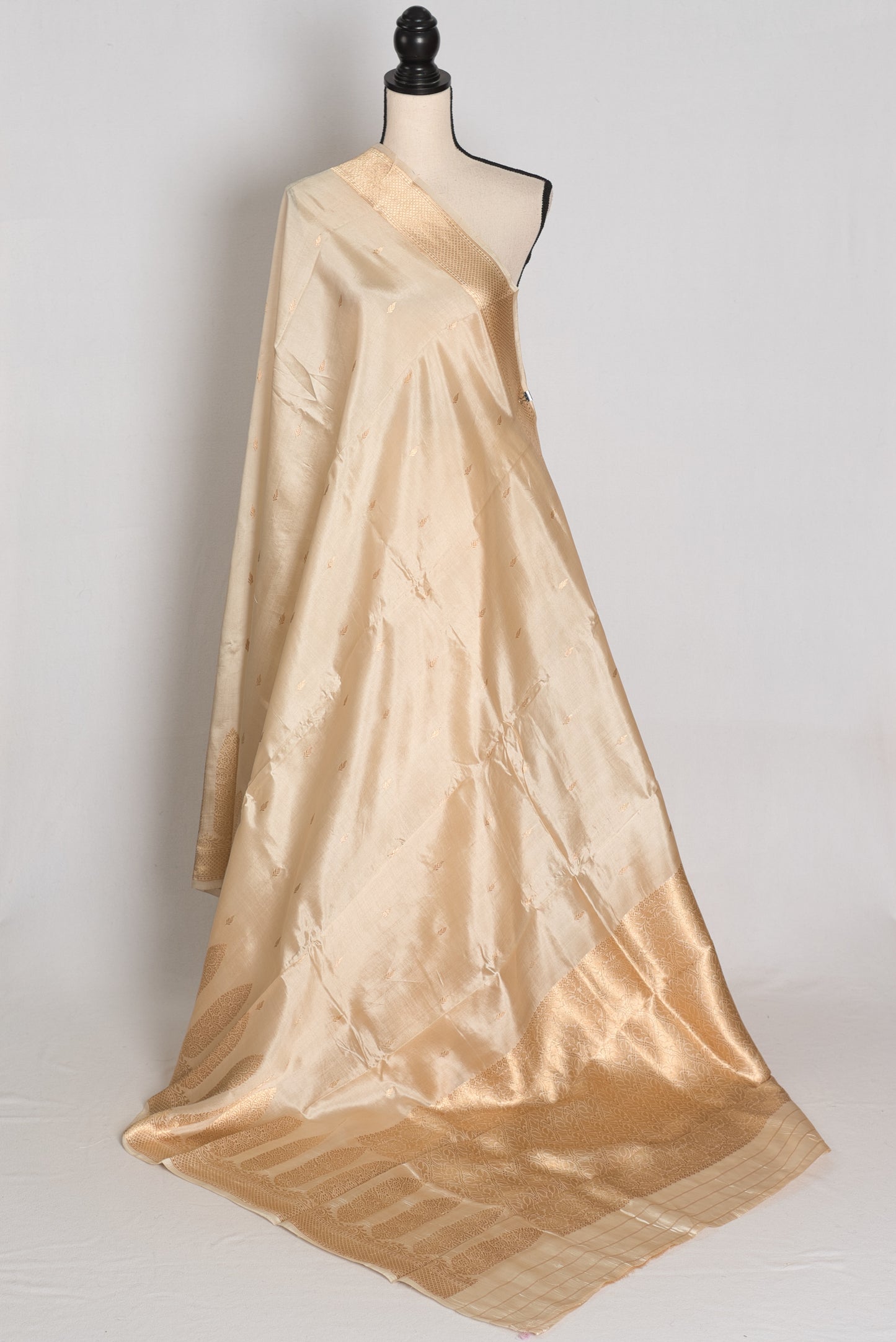 Shweta : Cream and Gold Satin Katan Silk Banarasi Saree | Silk Mark Certified image 1