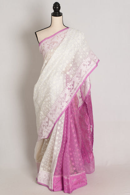 Priti : Off-White & Purple Patli Pallu Soft Blended Cotton Bengali Jamdani Saree image 0