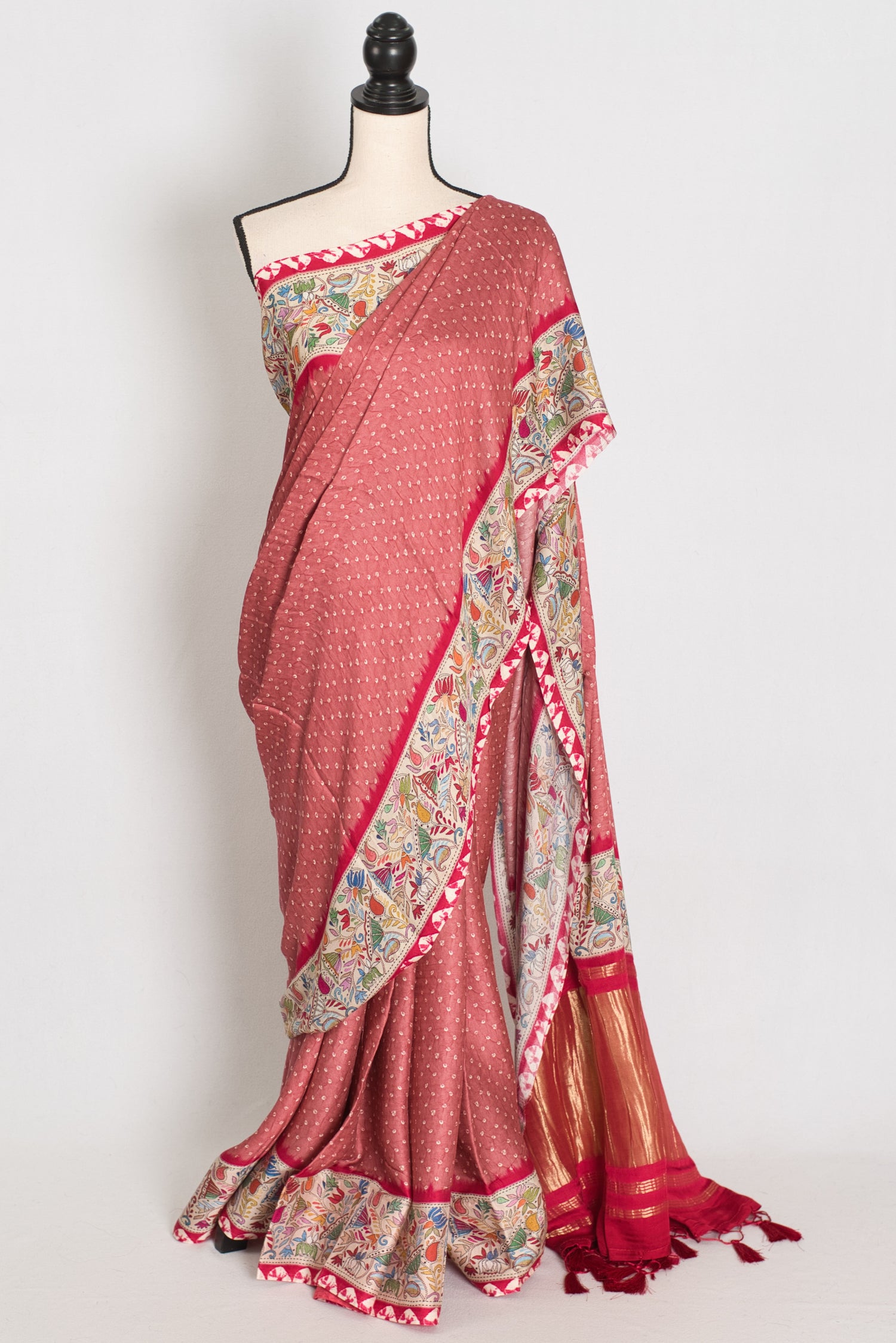 Bithi | Soft Pastel Pink & Beige Modal Silk Saree | Bandhani & Kantha Print image 0