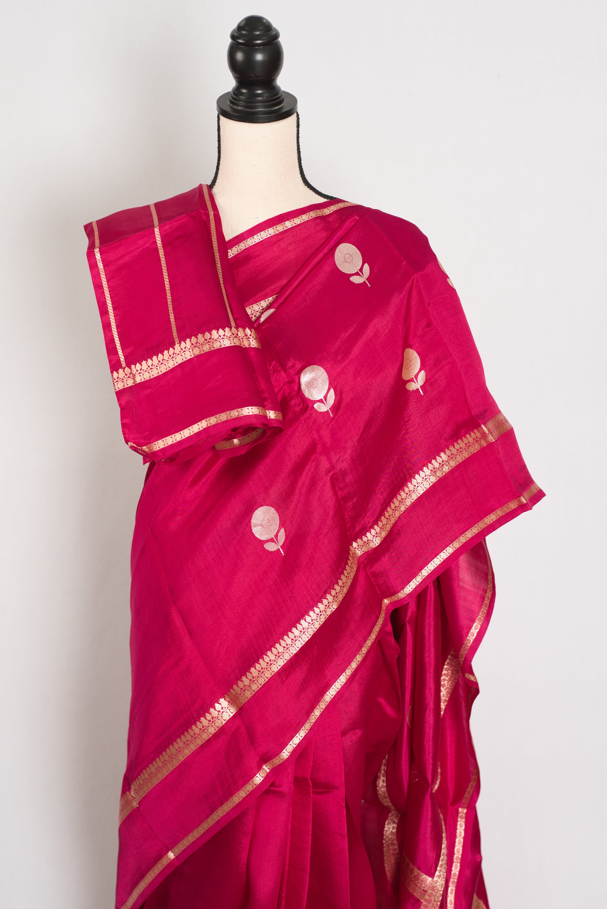 Gauri: Dark Pink Pure Katan Silk Banarasi Saree with Gold & Silver Zari Motifs image 2