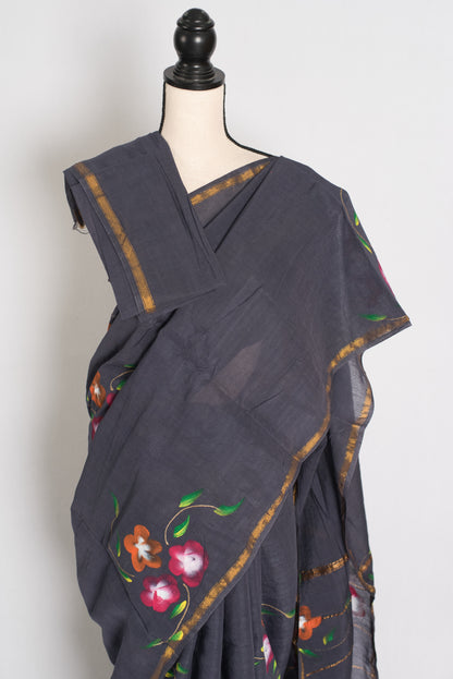 Grey Chanderi saree — drape view