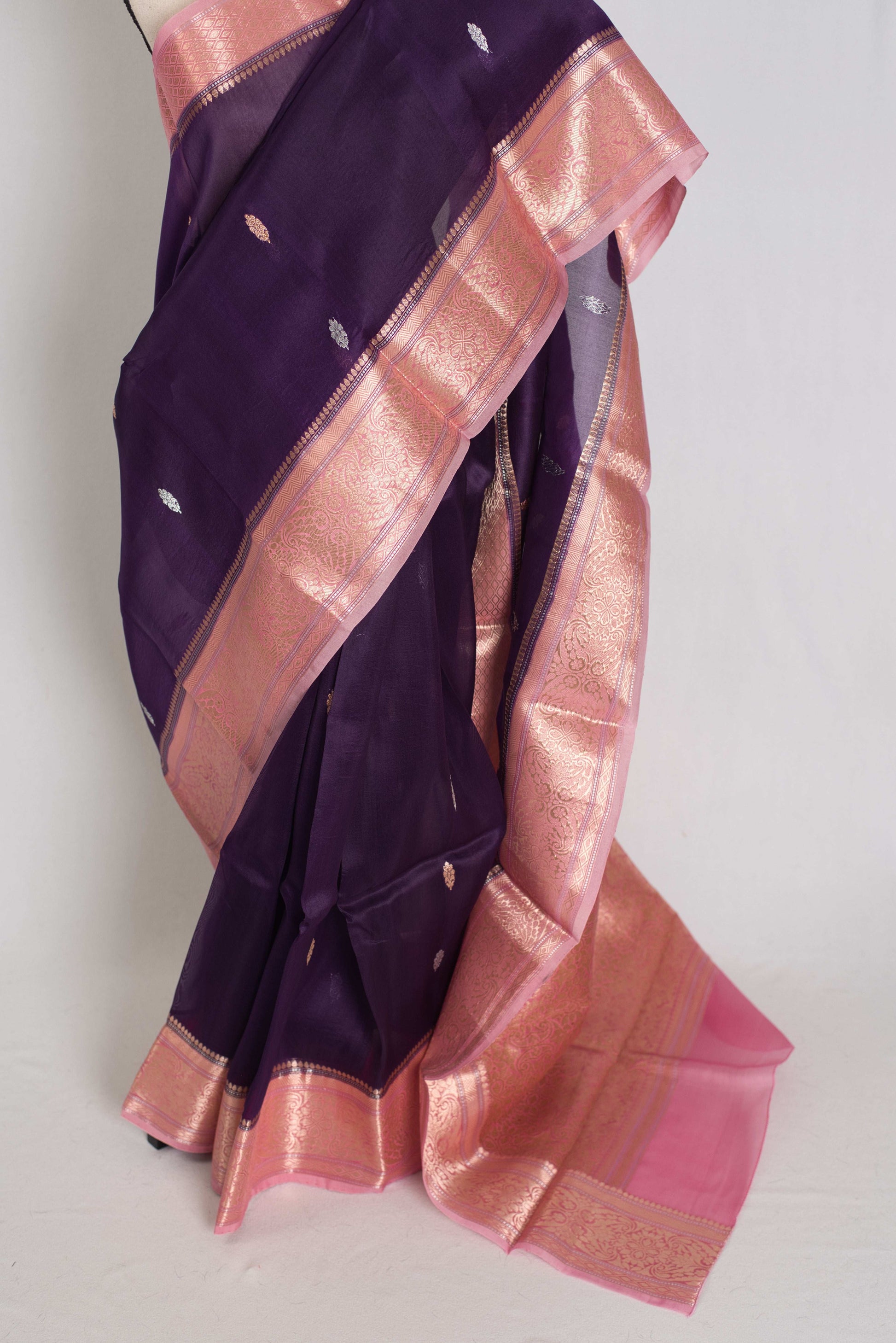 Nandini : Silk Mark Certified Purple with Pink Organza Banarasi Saree image 6