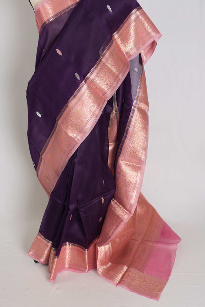 Nandini : Silk Mark Certified Purple with Pink Organza Banarasi Saree image 6