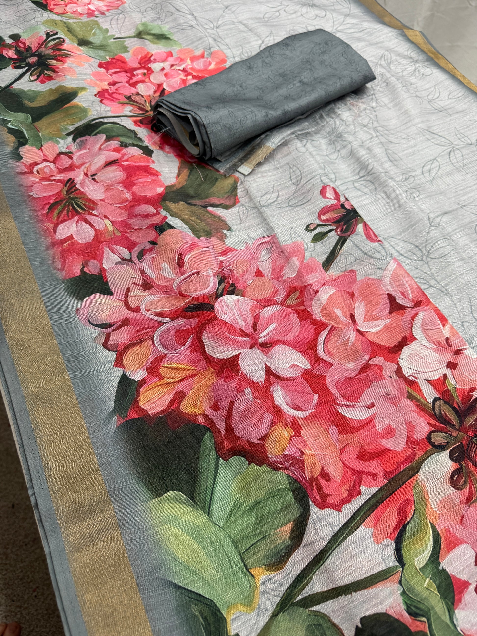 Ila | Grey & Vibrant Pink Floral Printed Semi Tussar Saree image 1
