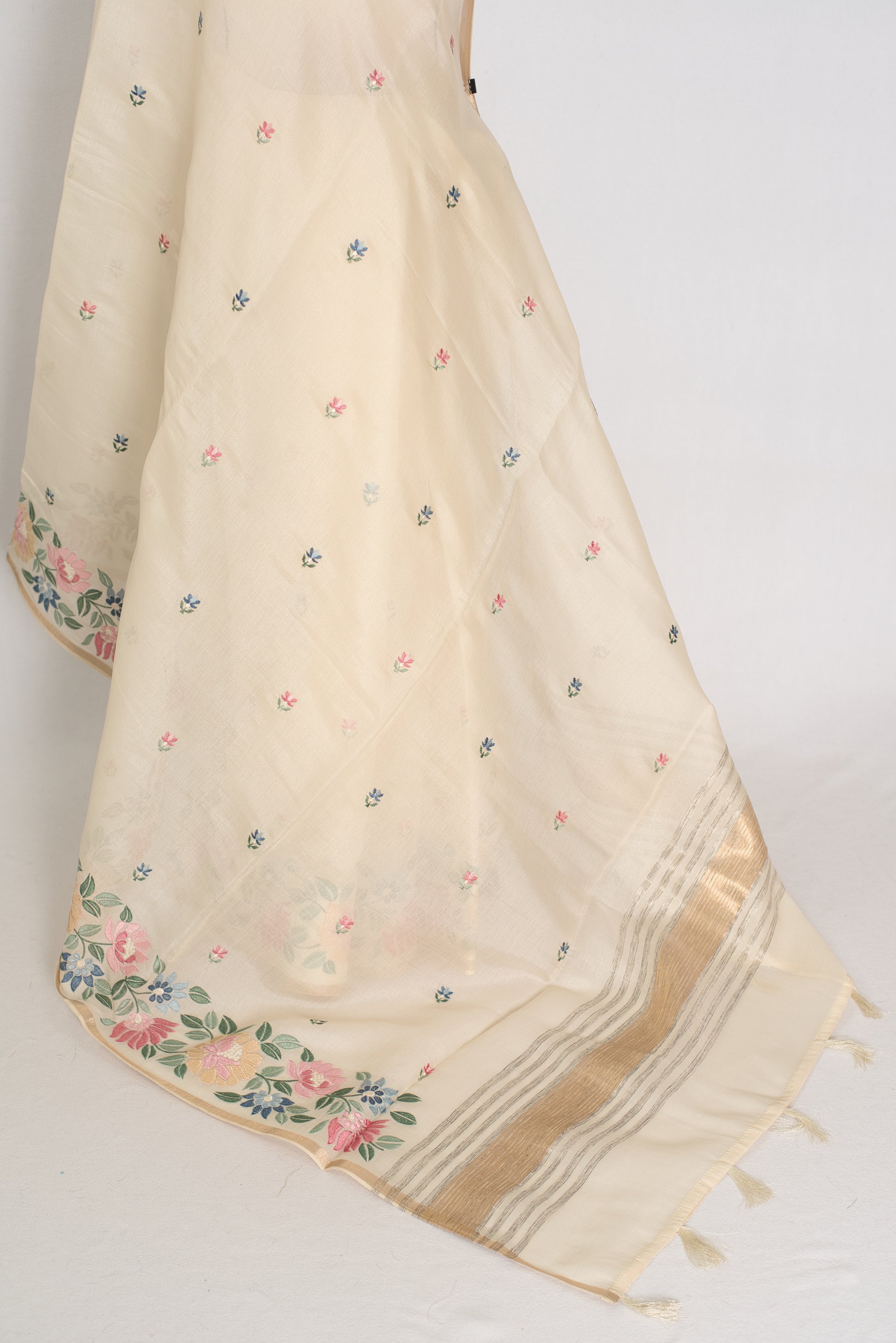 Beige scarf with floral patterns on a white background