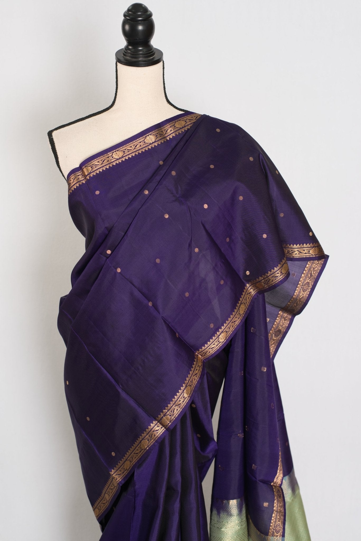 Bela: Bluish Purple & Gold Polka Dot Kanjivaram Silk Saree - Saree Mandi