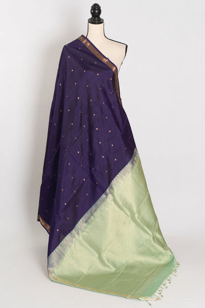 Bela: Bluish Purple & Gold Polka Dot Kanjivaram Silk Saree - Saree Mandi