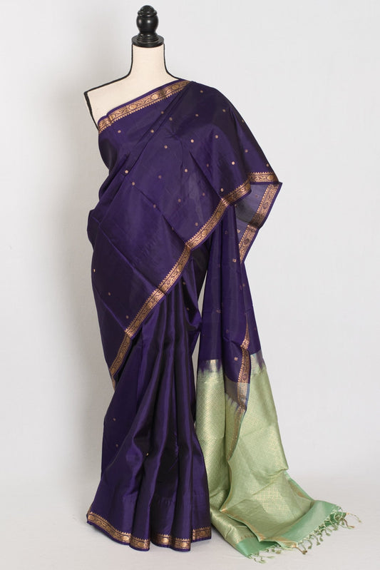 Bela: Bluish Purple & Gold Polka Dot Kanjivaram Silk Saree - Saree Mandi