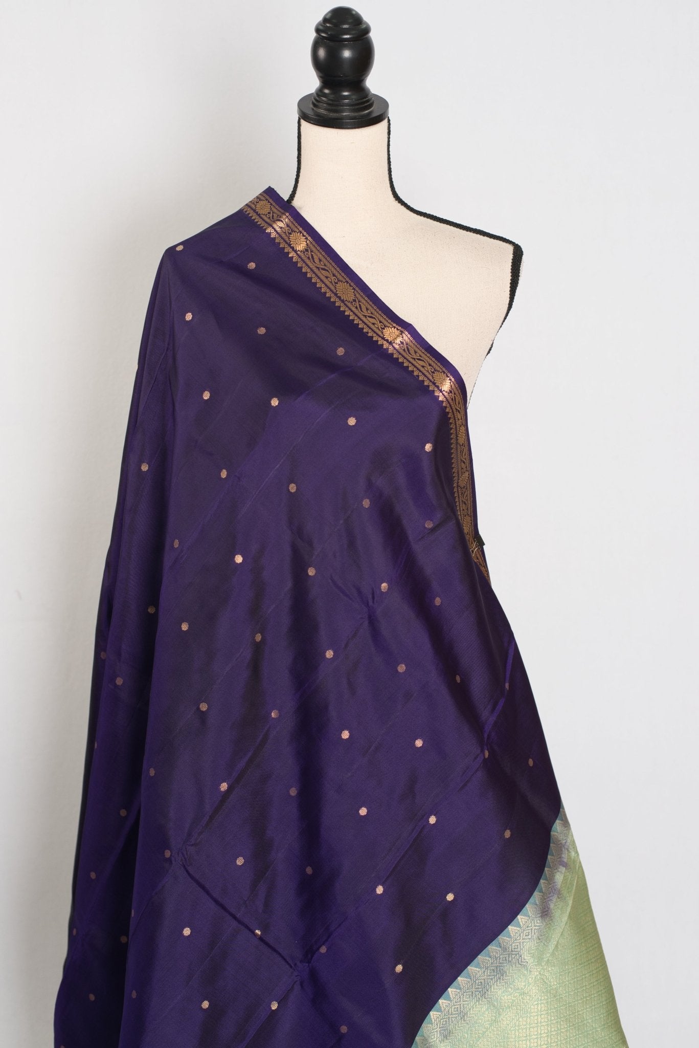 Bela: Bluish Purple & Gold Polka Dot Kanjivaram Silk Saree - Saree Mandi