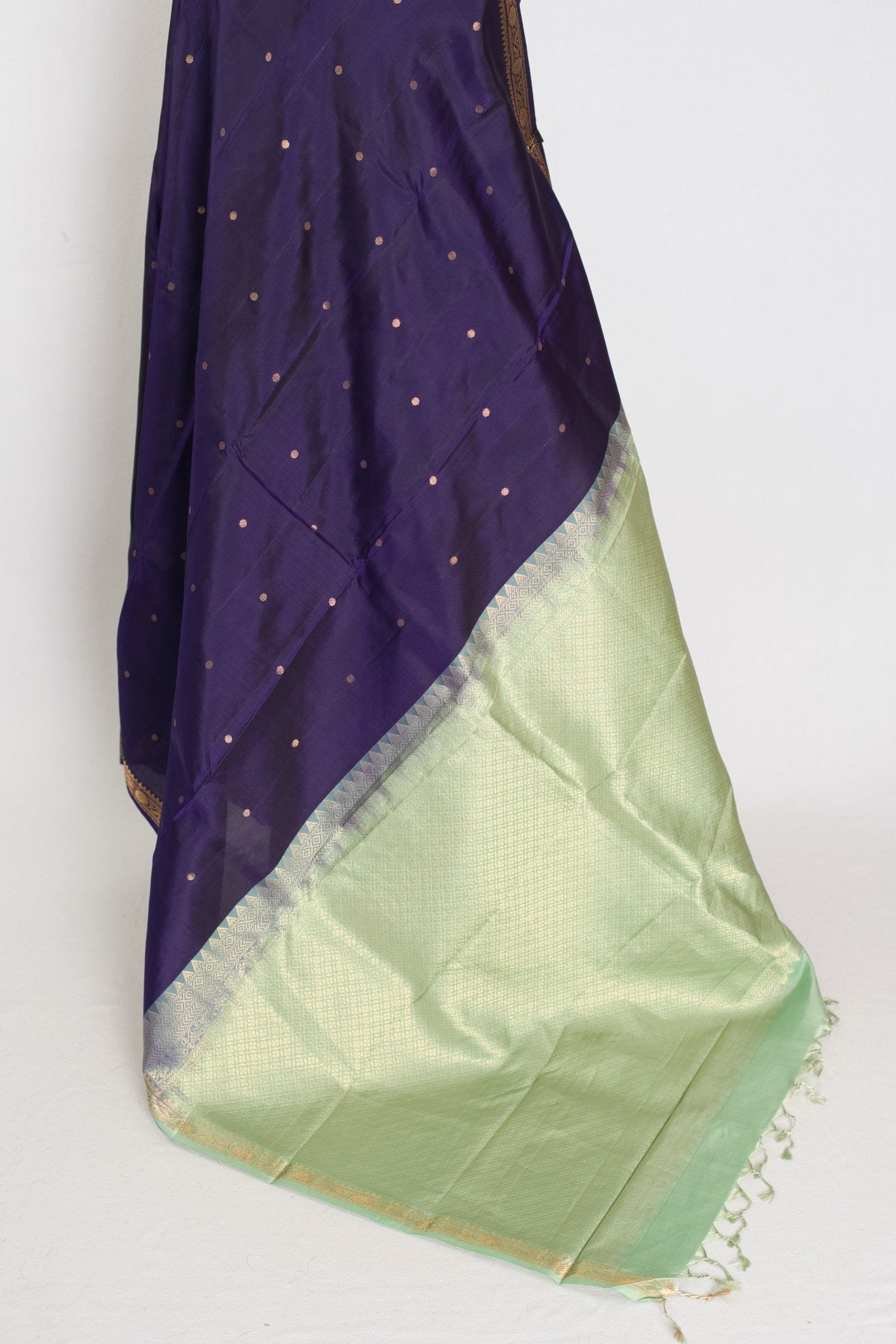 Bela: Bluish Purple & Gold Polka Dot Kanjivaram Silk Saree - Saree Mandi