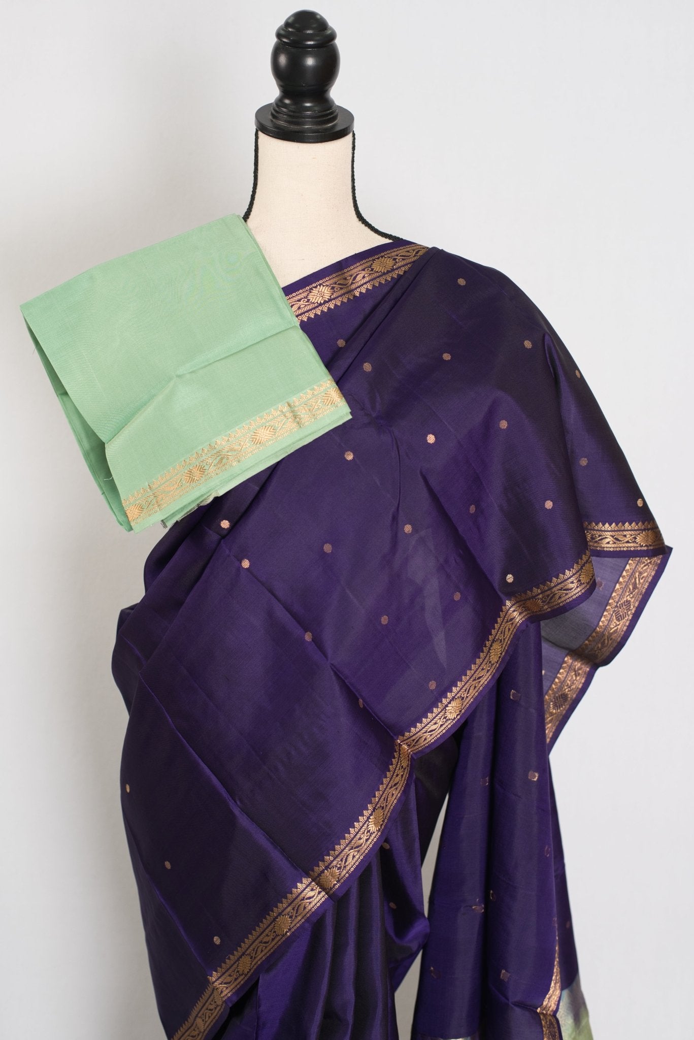 Bela: Bluish Purple & Gold Polka Dot Kanjivaram Silk Saree - Saree Mandi