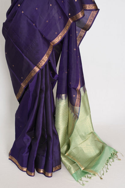 Bela: Bluish Purple & Gold Polka Dot Kanjivaram Silk Saree - Saree Mandi
