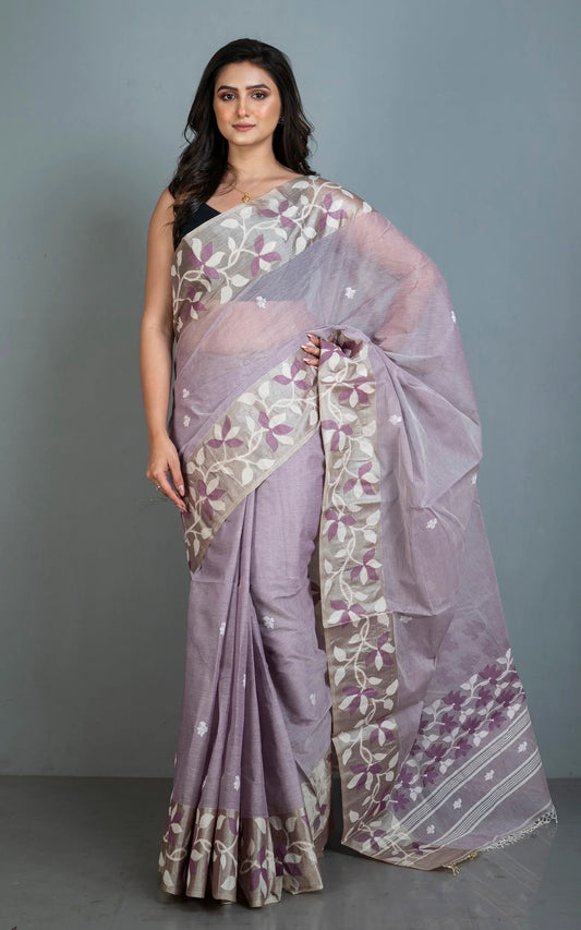 Cotton Jamdani Saree in Lilac with Tussar Silk Woven Lotus Border.