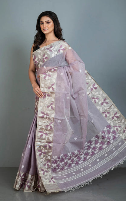 Cotton Jamdani Saree in Lilac with Tussar Silk Woven Lotus Border.